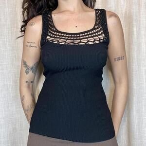 Cache black beaded ribbed tank